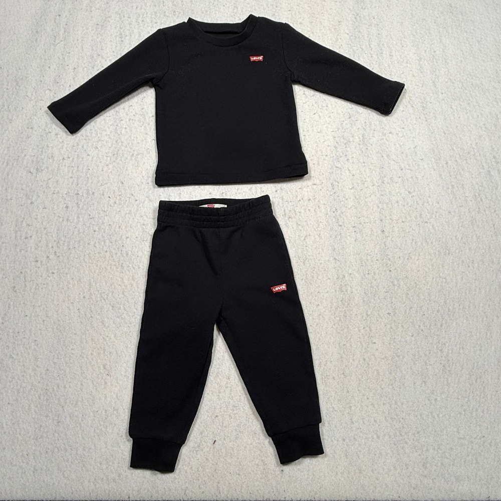 Levis Kids Black Waffle Knit Thermal Set Long Sleeve Top and Pants 12M G911-023